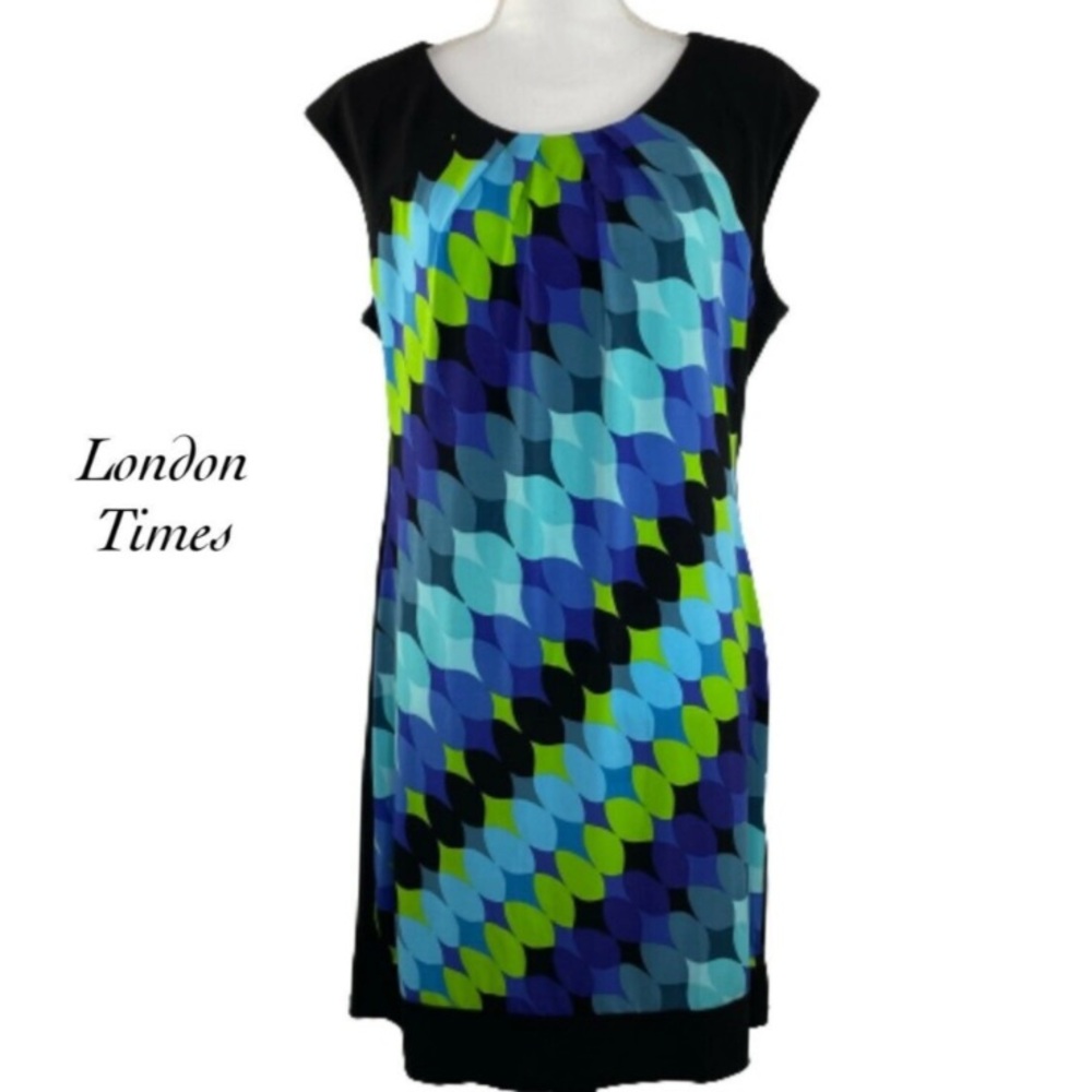 London times woman’s mini sleeveless shift dress blue black green leaf pattern